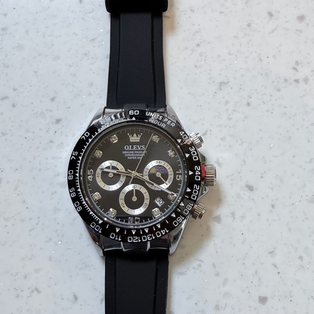 Olevs Mens Chronograph Quartz Watch WDiamond AccentsBlack Dial Silicone Strap
